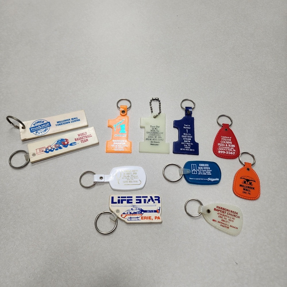 Vtg Keychain Lot Of 11 Erie, Pennsylvania Keychains Advertisement Car Grooming